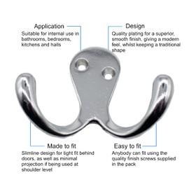 EAI Double Robe Hook for Coats Bath Towels 55x76mm Pack of 4 (Polished Chrome)