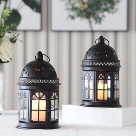 JHY DESIGN Set de 2 linternas Decorativas, candelabro de Estilo Vintage de 21cm de Altura con Apliques de Metal, Adecuado para Eventos de Interior y Exterior, Fiestas y Bodas (Negro)