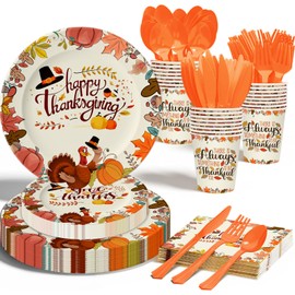Thanksgiving Fall Party Supplies, 168 PCS Thanksgiving Disposable Dinnerware Set with Autumn Maple Leaves Pumpkin Include Paper Plates Napkins Cups Knives Forks Spoons for Harvest Celebrations