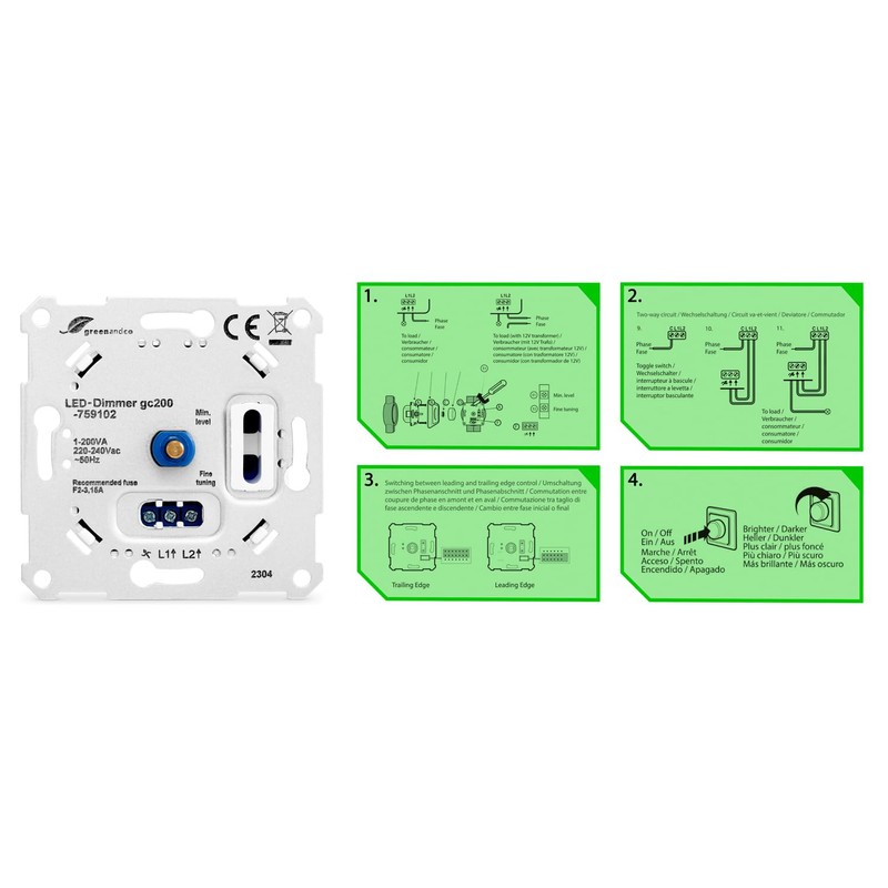 Greenandco® GC-200 Flush-Mounted LED and Halogen Dimmer 1-200 Watt