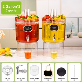 2 Gallon Beverage Dispenser for Parties 2 PACK, BPA-Free Drink Dispenser with No Drip Spigot, Juice Dispensers with Stand, Transparent Plastic Water Dispenser, Drink Fountains with Multi-Function Lid