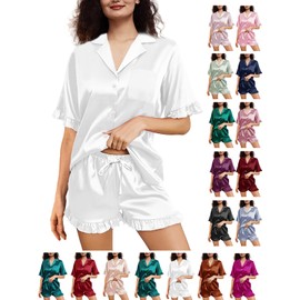 WJing Yi Jia Womens Silk Pajamas Set XS-4XL Button Down Satin Pajama Sets Silky Pj Set Ruffle Sleepwear Lounge Set Nightwear White