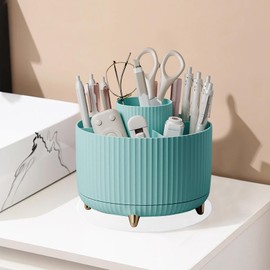 Vilike 360° Pencil Pen Holder for Desk, Rotating Desk Organiser, Spinning Pen Pot with 5 Slots, Stationery Organiser for Home, Office, School, Plastic Makeup Brush Holder(Blue)