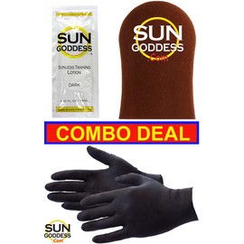 Sun Goddess - Best Combo Deal - Includes: 1 Sunless Self Tanner Lotion Sample + 1 Sunless Self Tan Applicator Mitt + 1 PAIR Sunless Self Tanning Application Gloves - Self Tanning Lotion Gloves Mitt