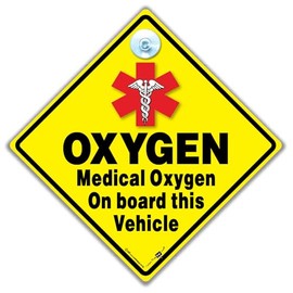 Medical Oxygen On Board Vehicle Warning Sign, 14 cm x 14 cm, Yellow Diamond with Suction Cup
