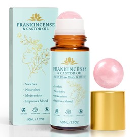 Peehss Castor Oil and Frankincense Roll On – Rose Quartz Roller Bottle, Organic Cold Pressed Castor Oil for Eyebrows, Face & Neck, Firms Skin Feel Soft Smooth & Brightens Eyes, 1.7 fl oz