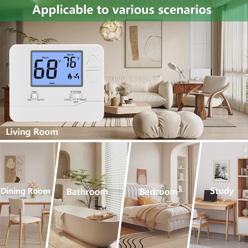 Wengart Non-Programmable Thermostat for Home,1 Heat/1 Cool with LCD Green