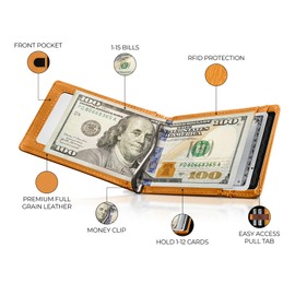 Kingly Cash Clip Slim Leather Wallet for Men with RFID Blocking & Money Clip - Minimalist Front Pocket Bifold Wallet Holds 12 Cards - Secure Card Holder with Easy Access Pull Tab