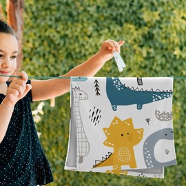 ZOEO Dinosaur Face Towel Set of 2, White Cartoon Dino Hand Towel Dish Towels Cotton Bath Decor Set for Kids 30x15 inch Gym Yoga Towels for White Elephant Gift