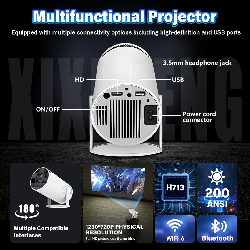 XIXIMENG Mini Projector with WIFI and Bluetooth,200 ANSI Android 13
