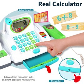 HERSITY Childs Big Toy Till Cash Register with Scanner, Kids Shopping Till Play Money Cashier Toys Supermarket Checkout Pretend Play Grocery Games for Toddler Boys Girls 3 4 5 Year Old
