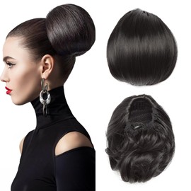 S-noilite Drawstring Hair Bun Ponytail Extensions, Short Ponytail Synthetic Comb Clip in Updo Hairpiece False Hair, 15 cm Straight Hepburn Scrunchies Bun Hairpiece, Dark Black