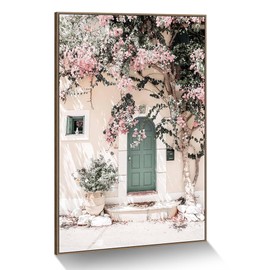 Framed Cityscape Scenery Wall Art: Nature Serene Blossom Flowers Painting Greece Town Landscape Prints Elegant Green Door Building Picture Blooming Pink Floral Canvas Artwork for Bedroom