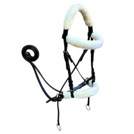 Genuine English Leather Crossover | Crossunder Bitless Horse Bridle | High Density Supersoft Synthetic Fleece | Headstall with Reins | (Full, Oiled Black)