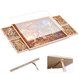Tilting Puzzle Board with Drawers and Cover, 1000 Piece, 30" x 22", Portable Wooden Jigsaw Puzzle Table for Adults and Kids, 4 Drawers