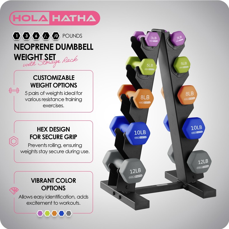 HolaHatha Neoprene Dumbbell Weights Set with Rack, Home Gym Equipment,