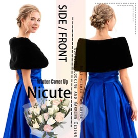 Nicute Wedding Fur Shawls Bride Faux Fur Scarves Winter Sleeveless Fur Stole with Rhinestone Brooch for Bride and Bridemaid (2-8, Black)