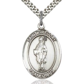 Heartland Store Men's Pewter Oval Saint Gregory the Great Medal + 24 inch Rhodium Plate Chain & Clasp| USA Made