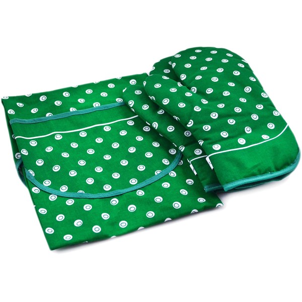 Polish Pottery 29-inch Apron with 2 Mitts Set (Green Theme)