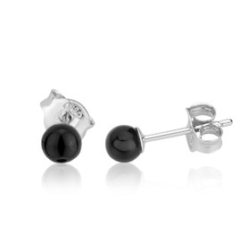 NKlaus Pair of Onyx Stud Earrings 925 Sterling Silver Rhodium-Plated 4 mm Round Women's 3774, Sterling Silver, Onyx