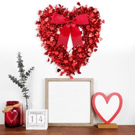 Sggvecsy 17.7'' Tinsel Heart Shaped Wreath with Red Bow for Front Door Wedding Party Anniversary Wall Gift for Girlfriend Mother's Day Birthday Decor