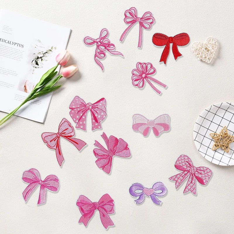 Bow Patches, 12 Pieces Pink Embroidered Patches, Bow Patch Stickers,