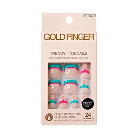 GoldFinger 24 Pcs Press On Toenails, Wide Fit Fake Nails, French Tip Gel Stick On Extensions, Reusable DIY Pedicure False Nail Kit with Glue, Cuticle Stick & File, 7 Day Long Lasting Wear