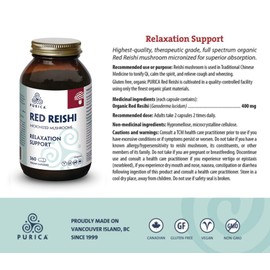 PURICA PURICA Organic Red Reishi Mushroom 400mg, 360 Vegan Capsules, 90-Day Supply, Micronized Herbal Supplement for Restful Night, Relaxation, Cognitive Clarity and Overall Wellness, Non-GMO, Gluten-Free