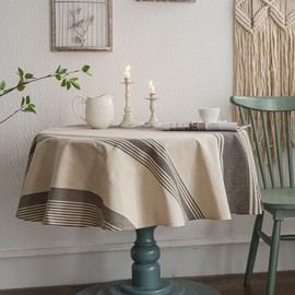 ArtBud Brown Burlap Cotton Linen Table Clothes Farmhouse Tablecloth Striped Picnic Table Cover Heavy Fabric Table Top Coffee Kitchen Décor Round 60 inch