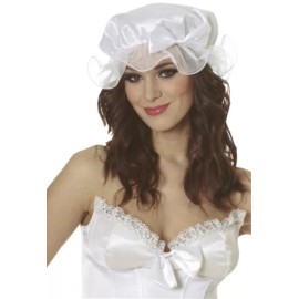 Franco Colonial Mob Cap White Chiffon & Poly Satin Ruffled Bonnet With Bow Costume Hat
