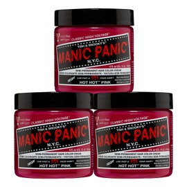 MANIC PANIC Hot Hot Pink Hair Dye - Classic High Voltage - Semi Permanent Cool-toned Medium Neon Pink Hair Color That Glows In Blacklight - Vegan, PPD & Ammonia Free 4oz (3 Pack)