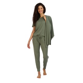 Live2Lounge Women's Pajama Set - 4 Piece Wrap Cardigan, T-Shirt, Tank Top, and Jogger Pants (S-XL), Size Medium, Olive