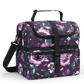 PBRO Double Deck Insulated Lunch Bag for Women,Large Reusable Lunch Box with Adjustable Shoulder Belt and Side Pockets,Cute Floral Leakproof Lunch Tote Cooler Bag for Adult Picnic,Working -Dark Purple