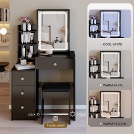 Vanity Desk with Mirror and Lights, Makeup Vanity Table & Chair Set with Adjustable LED Lighted Sliding Mirror, Storage Cabinet Shelves and Drawers, Small Dressing Table for Girls Bedroom, Black