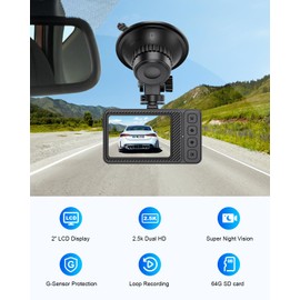 Dash Cam Front and Rear, 2.5K+1080P Dual Dash Camera for Cars, 2’’ Display Mini Car Camera, G-Sensor Dashcam, Night Vision, 24H Parking Mode, Loop Recording, 170°Wide Angle, 64GB Card Included