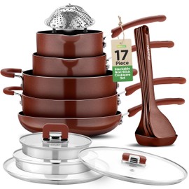 NutriChef 17pcs Brown Stackable Pots and Pans Set, Nonstick Induction Cookware, Space Saving Cookware, Easy Clean, Ideal For RV and Camper, Includes a Foldable Steamer Basket and Cooking Utensils