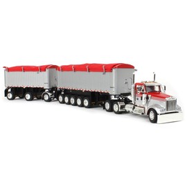 DCP 1/64 Viper Red/Silver Kenworth W900L w/ 31ft & 20ft End Dump Trailers, by First Gear