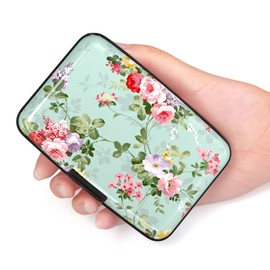 Hsxnam Credit Card Holder Wallet, RFID Blocking Credit Card Case Aluminum Metal Cute Business Card Holder Pocket ID Case for Women Men, Green Flowers