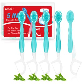 Erinde 5 in 1 Mini Disposable Toothbrushes with Toothpaste + Tongue Scraper + Picks + Floss Travel Case, Prepasted Travel Toothbrushes Pick for Work or Travel, Soft Brushes, 12 Count (Green Tea)