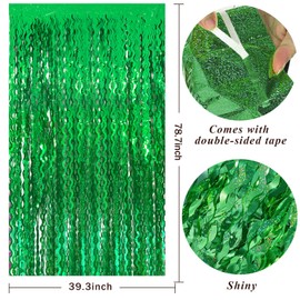 Green Tinsel Foil Fringe Curtains Wavy Backdrop for Parties Sparkle Metallic Wavy Foil Fringe Backdrop Curtain for Party Decorations Photo Booth Props for Birthday Graduation Wedding