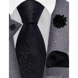 GUSLESON Mens Black Tie Paisley Wedding Solid Silk Necktie Pocket Square Cufflinks and Lapel Pin Brooch Set (6103-09)