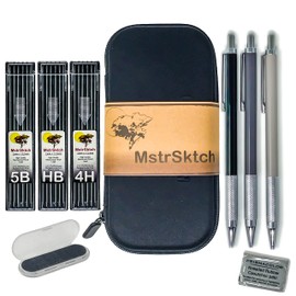 MstrSktch - Lápices mecánicos de metal para dibujo, recambios de plomo de grafito de 2 mm, con estuche de almacenamiento de lápices de gran capacidad para artistas, escuela y oficina