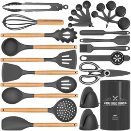 28PCS Silicone Cooking Utensils Set - AIKKIL Heat Resistant Kitchen Utensils Set for Cooking,Silicone Kitchen Gadgets Spatulas Set with Wooden Handles and Holder for Nonstick Cookware(BPA Free, Grey)