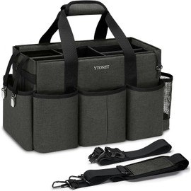 Ytonet Extra Large Cleaning Caddy Bag with 4 Foldable Dividers, Wearable Cleaning Caddy Organizer with Handle & Shoulder Strap & Waist Strap, Housekeeping Tote for Cleaners, Black Grey