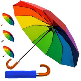 Rare 12 Rib Rainbow Umbrella Automatic Compact - 50MPH Strong Windproof Small Umbrella Folding Foldable Frame - Best for Auto Open and Close - Multicoloured Bright - Wooden Curved Hook Handle