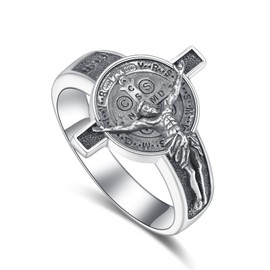 ADMETUS Crucifix Cross Ring Sterling Silver St Benedict Jesus Rings for Men Medalla de San Benito Jewelry Gifts Size 11