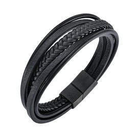 YL Multi-Layer Leather Bracelet for Men Stainless Steel Black Plated Clasp Bracelet Wrap Braided Vintage Jewelry