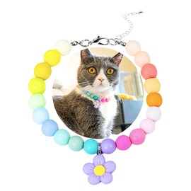 SM4BED Dog Cat Collar Pearl Necklace, Colorful Rainbow Matte Beads and Adorable Flower Pendant, Adjustable Small Pet Jewelry for Chihuahua Yorkie, S 8.6IN