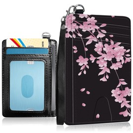 RAUEDWDJS Leather Slim Wallet for Men Women - RFID Blocking Front Pocket Wristlet Lanyard,Small Credit Card Holder Wallets ID Window Card Organizer Gifts,Cherry Blossoms