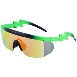 FLAWLESS EYEWEAR Semi Rimless Goggle Style Retro Rainbow Mirrored Lens ZigZag Sunglasses (Green-Orange)